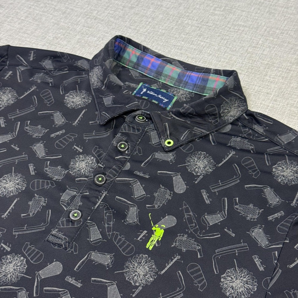 William Murray Polo Shirt Mens M Black Golf Performance Short Sleeve Plaid Trim
